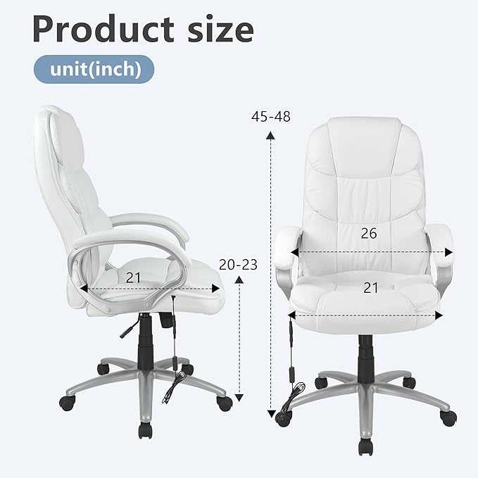 FDW Office Chair Massage Computer Chair High Back Adjustable Desk Chair Rolling Swivel Executive Chair PU Leather with Lumbar Support Arms Headrest Task Chair,White