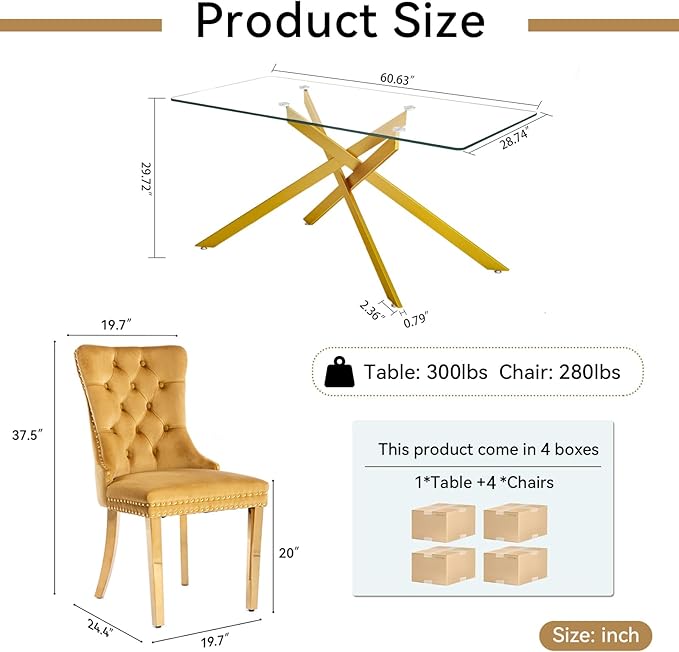 Goujxcy Glass Dining Table Set for 4, Modern Kitchen Table and Chairs Set of 4, 5-Piece Kitchen Dining Room Table Set w/61 Glass Gold Dining Table and 4 Yellow Velvet Upholstered Chairs