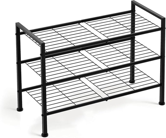 Simple 3 Tier Shoe Rack,Metal Stackable Shoe Storage Organizer for Closet,Entryway, Bedroom, Black (Black, 3-Tier)
