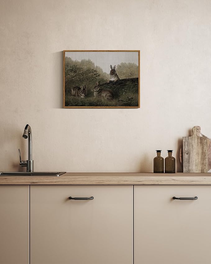 InSimSea Framed Wall Art for Living Room Three Rabbits Vintage Wall Art Easter Bunny Decor Aesthetic Animal Landscape Oil Painting Countryside Farmhouse Wall Decor Colorful for Bedroom Office 12x16in