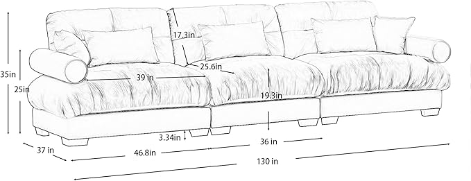 Ball & Cast 130" Extra Large Sectional Sofa,3-Seater Oversized Modular Cloud Couch with Waist & Throw Pillows,Deep Seat Velvet Fluffy Sofas for Living Room,Home Theater,Apartment,Velvet,Camel