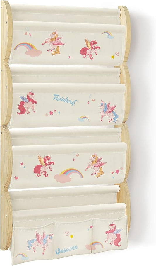 Wooden Wall Mounted Bookshelf for Kids Rooms, 4 Tier Floating Nursery Book Shelf, Kids Bookshelf with 2 Pockets, Toddler Sling Book Rack with Deep Sleeves (Unicorn)