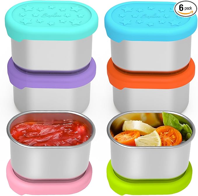 SOPHICO Stainless Steel Snack Containers for Kids, 3 oz Small Food Storage Container with Silicone Lid - Perfect 304 Metal Toddler Lunch Box for Daycare and School, Leak Proof (3oz, 6 PACK)