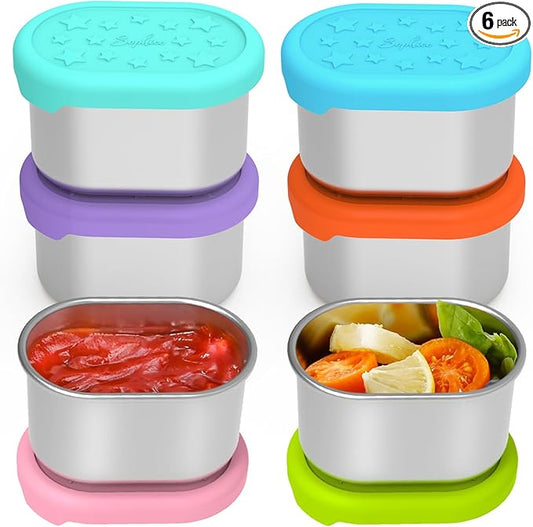SOPHICO Stainless Steel Snack Containers for Kids, 3 oz Small Food Storage Container with Silicone Lid - Perfect 304 Metal Toddler Lunch Box for Daycare and School, Leak Proof (3oz, 6 PACK)