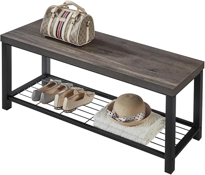 EXCEFUR Entryway Bench, Industrial Metal and Wood Storage Bench for Living Room, Indoor Shoe Rack Bench Seat, 43.3 Inch Grey