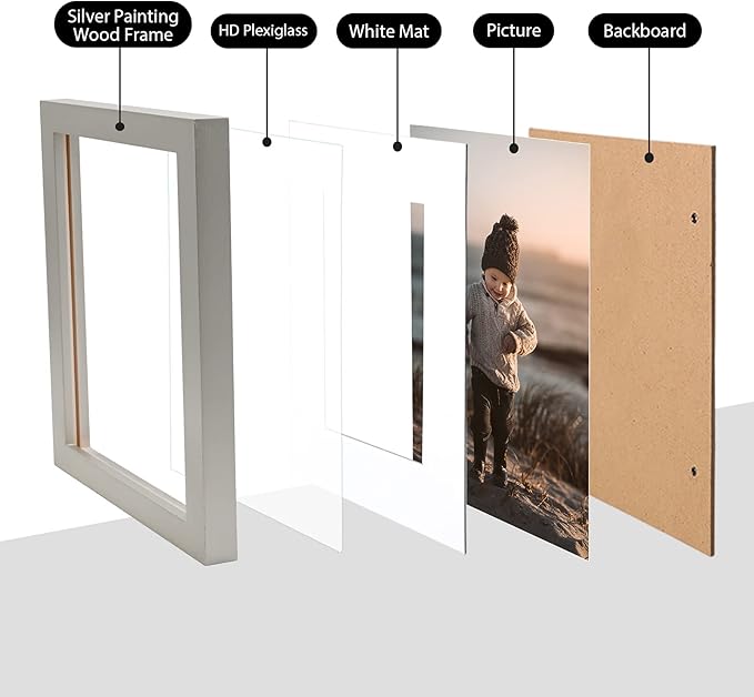 KINLINK 6x8 Picture Frame Light Grey, Solid Wood Frames with Acrylic Plexiglass for Pictures 4x6 with Mat or 6x8 without Mat,Tabletop and Wall Display Photo Frame, Set of 4