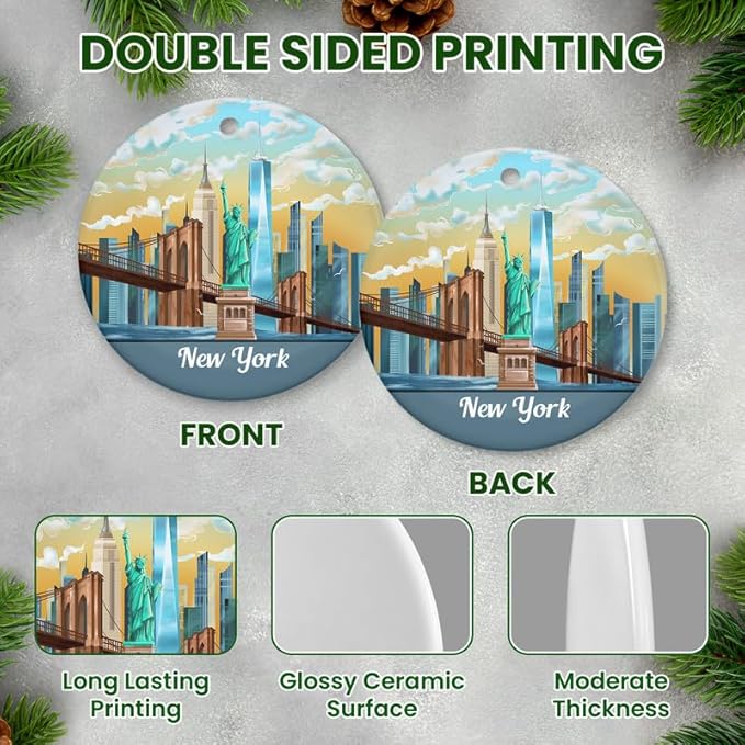 FLAGWIX New York Christmas Ornament 2025 - Ceramic Ornaments for Tree Decorations - Christmas Decortions Indoor, New York Gifts for Men Women, Statue of Liberty Ornament Gifts for Women Family Friends