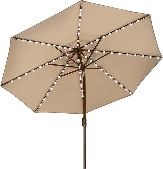 EliteShade USA 10-Year-Non-Fading Solar 9ft Market Umbrella with 80 LED Lights Patio Umbrellas Outdoor Table Umbrella with Ventilation, Heather Beige