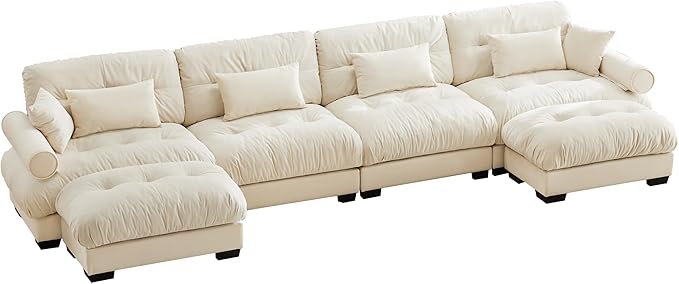 Ball & Cast 166" U Shaped Couch Sectional Couch,4 Seater Modular Couchs with Round Bolster Armrest,6 Pillows,Waist Pillows,Modern Corner Sofa w/ 2 Removable Ottomans,for Living Room,Cream