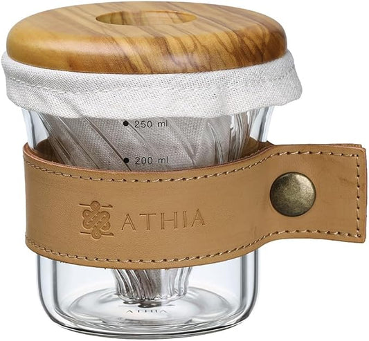 ATHIA glass pour over coffee maker set, minimalist drip coffee maker with reusable cloth filter, glass coffee dripper, olive lid & leather sleeve for single cup manual brewing (Olive Wood)