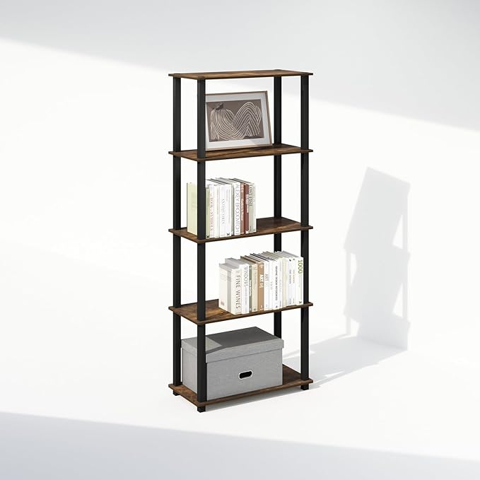 Furinno Turn-S-Tube 3-Tier Compact Multipurpose Shelf Display Rack with Square Tube, Amber Pine/Black, Set of 2