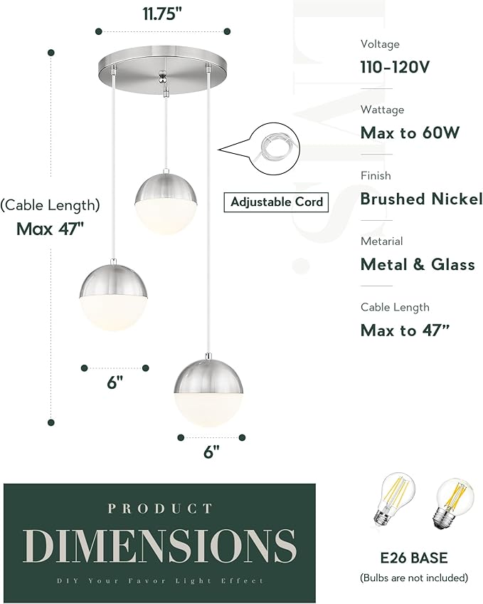 LMS Modern Brushed Nickel 3-Light Cluster Pendant Lights, Mid Century Pendant Lighting with White Globe Glass Shade, Adjustable Hanging Cord Ceiling Light for Home Office Dining Room, LMS-186BN3