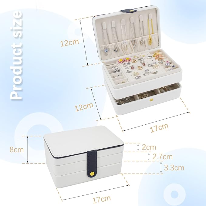 KOOAAICCHI Small Jewelry Box, Travel Jewelry Organizer, Portable Jewelry boxes for Women Girls Gift, Double Layers PU Leather Jewelry Holder for Rings, Earrings, Necklaces-White
