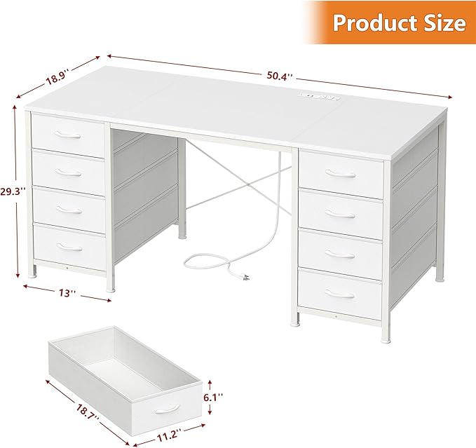 50 Inch White Computer Desk with 8 Drawers, Home Office Desk with Power Outlets, Work Study Gaming Desk with 8 Fabric Drawers, White