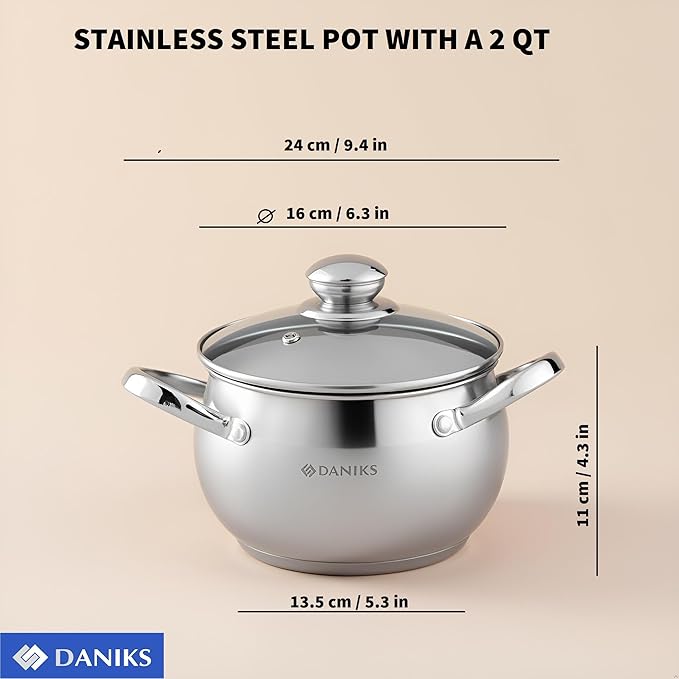 Daniks Classic Stainless Steel Stock Pot with Glass Lid – Induction 2 Quart, Dishwasher Safe, Measuring Scale, For Soup, Pasta, Stew, Silver