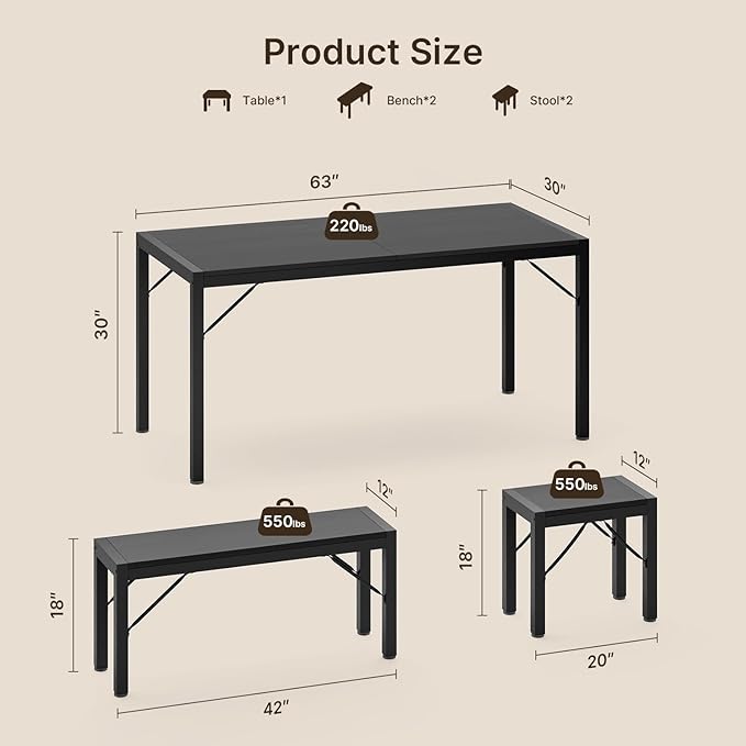 Gizoon 63" Dining Room Table Set for 6, Kitchen Table with 2 Benches and 2 Stools, Dining Table Set with Metal Frame, Space-Saving Kitchen Table Set for Apartment, Black