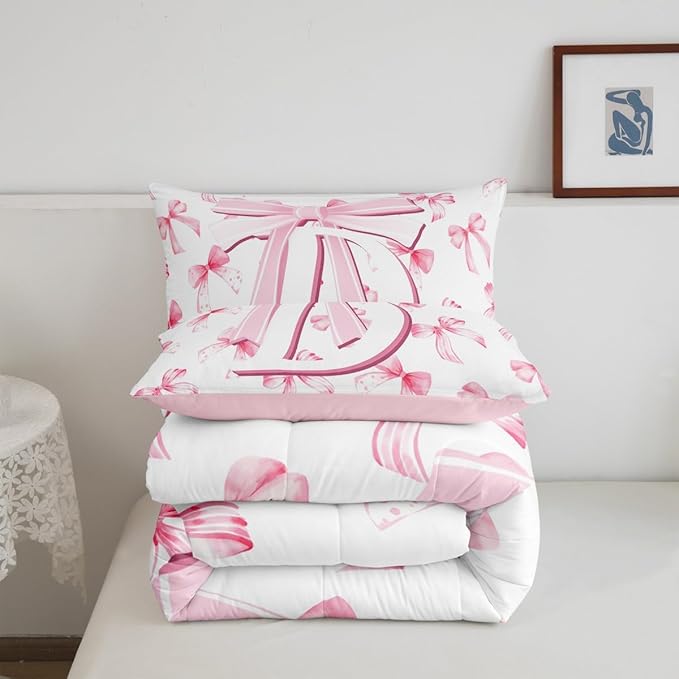 jejeloiu Kids Girls Cute Pink Bow Comforter Set Full Size Monogrammed Bedding Set Ultra Soft Personalized Initial D Duvet Quilt Coquette Bow Knot Quilt Set Room Decor Modern Fashion Comforter