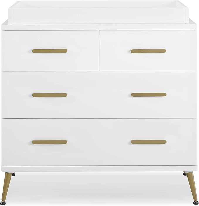 Delta Children Sloane Crib 7-Piece Baby Nursery Furniture Set–Includes: Convertible Crib, Dresser, Changing Top, Crib Mattress, Fitted Sheets, Toddler Guardrail & Changing Pad, White w/Melted Bronze