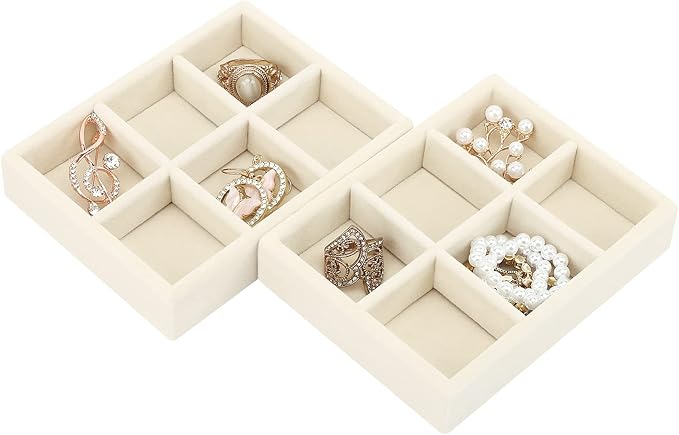 DesignSter Small Jewelry Tray-Ring Organizer 2PCS Premium Velvet Rings Earrings Display Tray Storage Insert Holder for Jewelry Box, Drawer, Dresser (6 Grids, Beige)