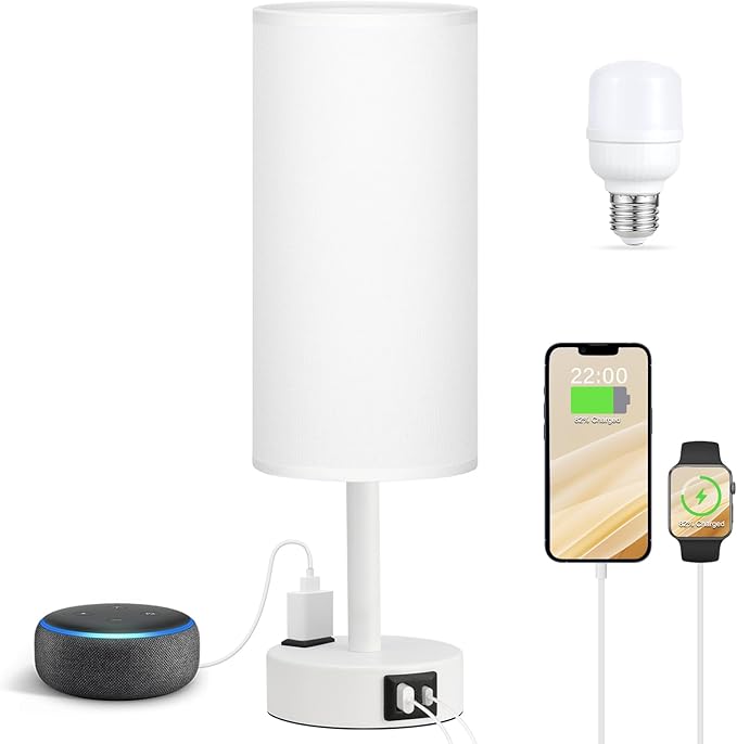 Matte White Bedside Table Lamp for Bedroom - 3 Way Dimmable Touch Lamp USB C Charging Ports and AC Outlet, Small Lamp Round Flaxen Fabric Shade for Living Room, Desk, LED Bulb Included