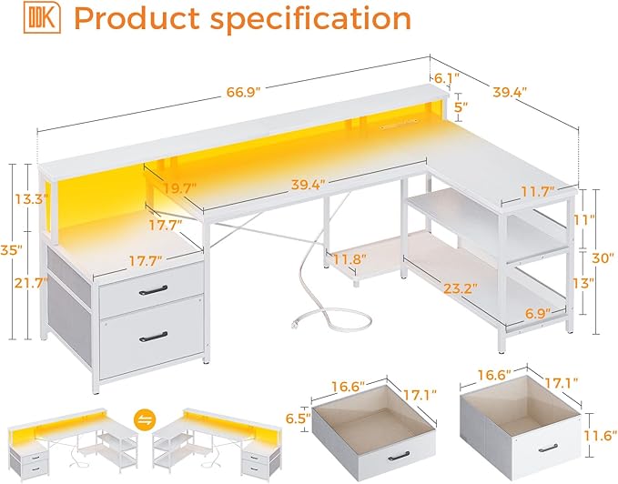 ODK L Shaped Desk with File Drawer, 66" Reversible L Shaped Computer Desk with Power Outlet & LED Strip, Home Office Desk with Storage Shelves, Gaming Desk with Monitor Shelf, Corner Desk, White