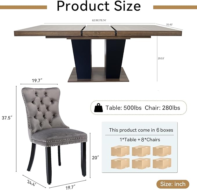 Goujxcy 9-Piece Extendable Dining Table Set for 6-8 People 63-78 Inch Kitchen Table Set with 8 Velvet Upholstered Chairs Farmhouse Rectangular Dining Room Table Set for Kitchen Dining Room Apartment