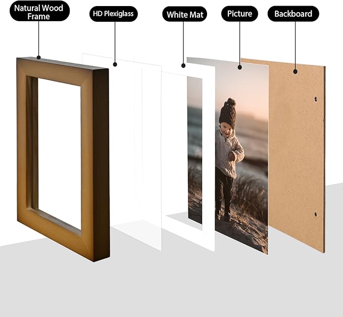 KINLINK 4x6 Picture Frame Brown, Solid Wood Frames with Acrylic Plexiglass for 3.5x5 with Mat or 4x6 without Mat, Tabletop and Wall Display Photo Frame, Set of 4