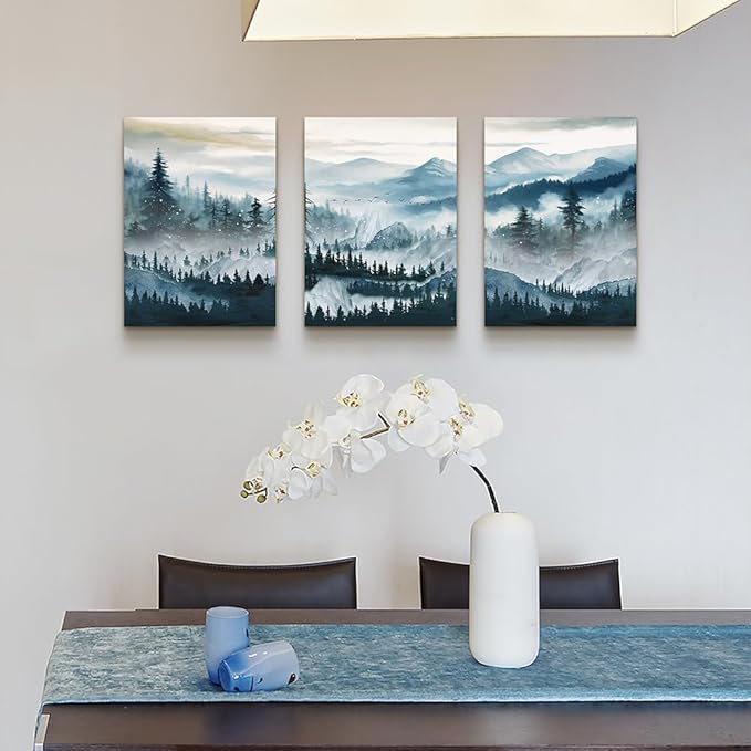 MHARTK66 Framed Wall Art For Living Room Canvas Wall Decor For Bedroom Office Decoration Fog Mountain Forest Posters Landscape Wall Painting Print Pictures Artworks Ready to Hang Home Decor 3 Piece