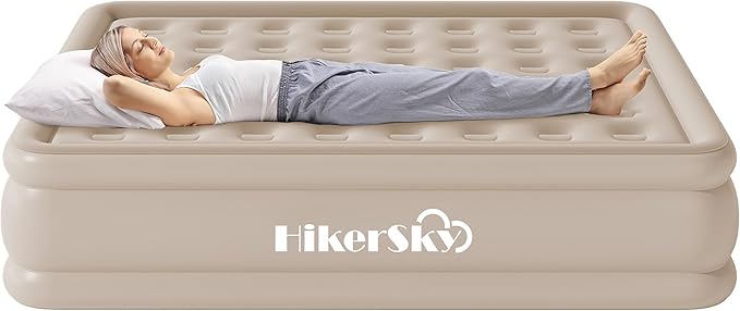 Queen Air Mattress with Built-in Pump, Air Bed with Portable Storage Bag, 18'' Blow up Mattress Suitable for Home and Guests, Top Flocking, 18" Queen Khaki