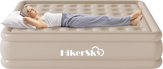 Queen Air Mattress with Built-in Pump, Air Bed with Portable Storage Bag, 18'' Blow up Mattress Suitable for Home and Guests, Top Flocking, 18" Queen Khaki