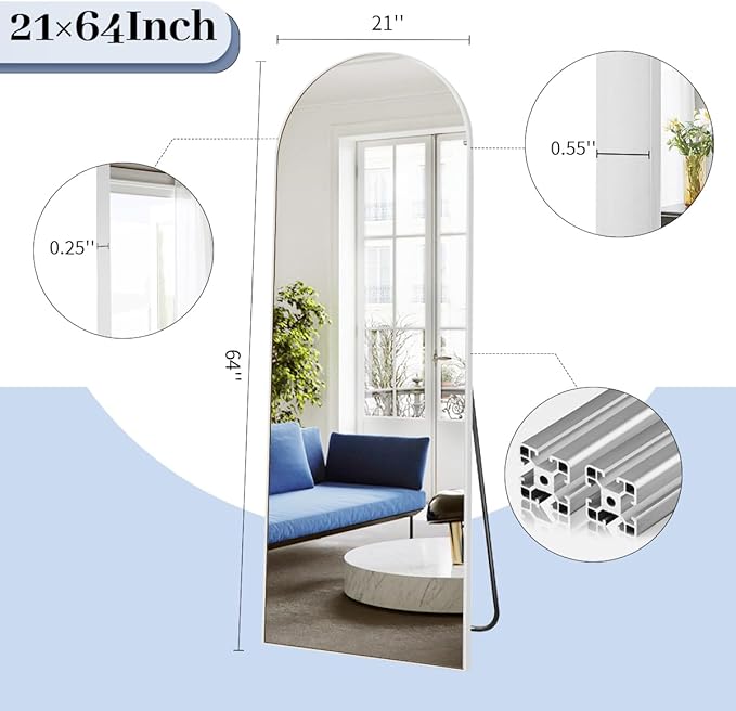 BEAUTYPEAK 64"x21" Arch Full Body Floor Mirror, Full Length Mirror Hanging or Leaning Arched-Top, Wall Mirrors with Stand for Bedroom, Dressing Room, Silver