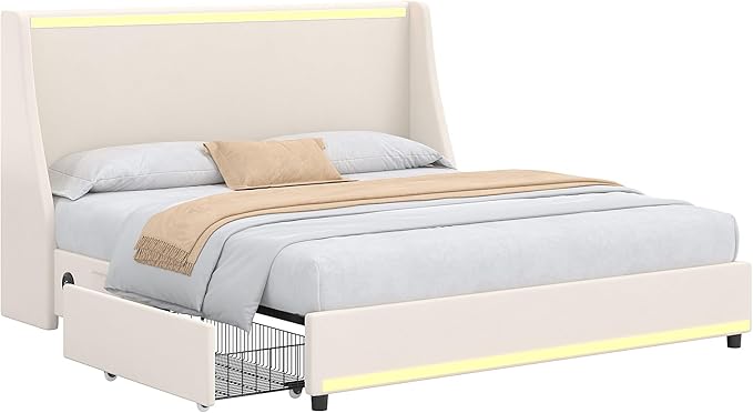 VECELO Full Size Bed Frame with Storage Drawers, Upholstered Platform Bedframe with Wingback Headboard, No Box Spring Needed, Beige