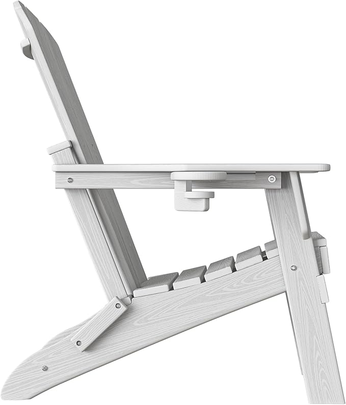Plawdlik Folding Adirondack Chair, SGS Tested, Wooden Textured with Cup Holder, Heavy All-Weather HDPE Comfortable Set Poolside Backyard Lawn White Set 4