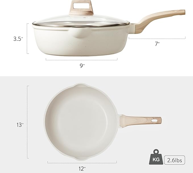 CAROTE 12Inch Nonstick Deep Frying Pan with Lid, 5.5 Qt Jumbo Cooker Saute Pan with Pour Spout, Skillet Induction Cookware, Non Stick Cooking Pan Kitchen Pan PFOA Free, White Granite