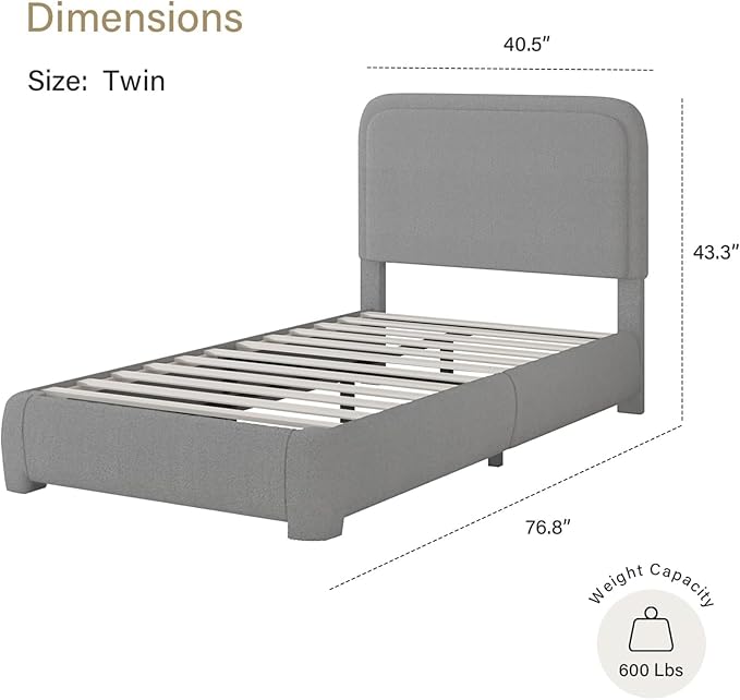 BarnFurin Twin Size Bed Frame, Boucle Upholstered Platform Bed with Headboard, Modern Style, Soft Rounded Corners, No Box Spring Required, Easy Assembly, Light Grey