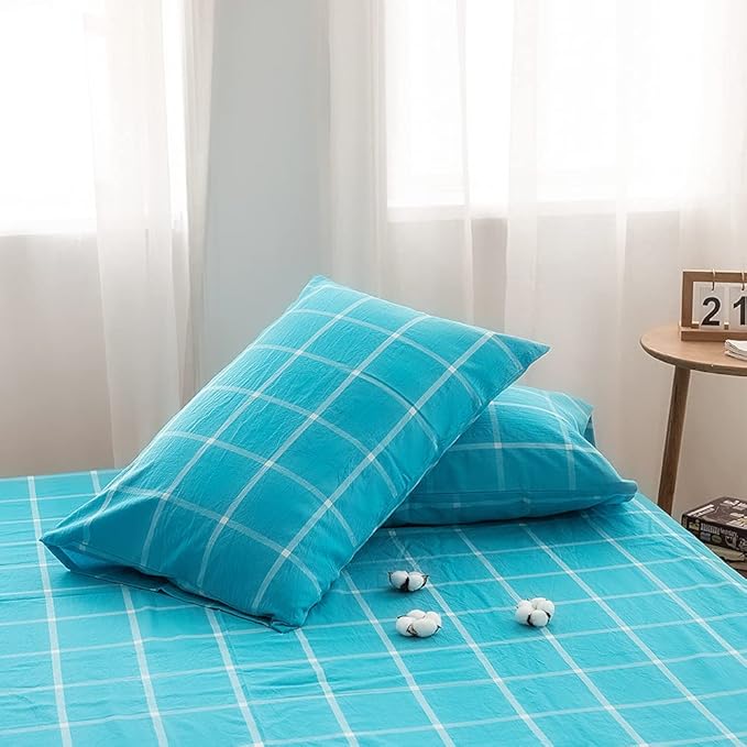 FACE TWO FACE Bedding Duvet Cover Set100% Washed Cotton Duvet Cover Linen Like Textured Breathable Durable Soft Comfy (Full, Turquoise Grid)