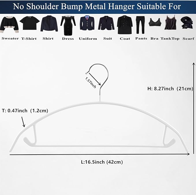 16.5 Inch White No Shoulder Bumps Non-Slip Rubber Coated Contour Metal Hanger, Sweater & T-Shirt Hanger with Pants Bar Pack of 10