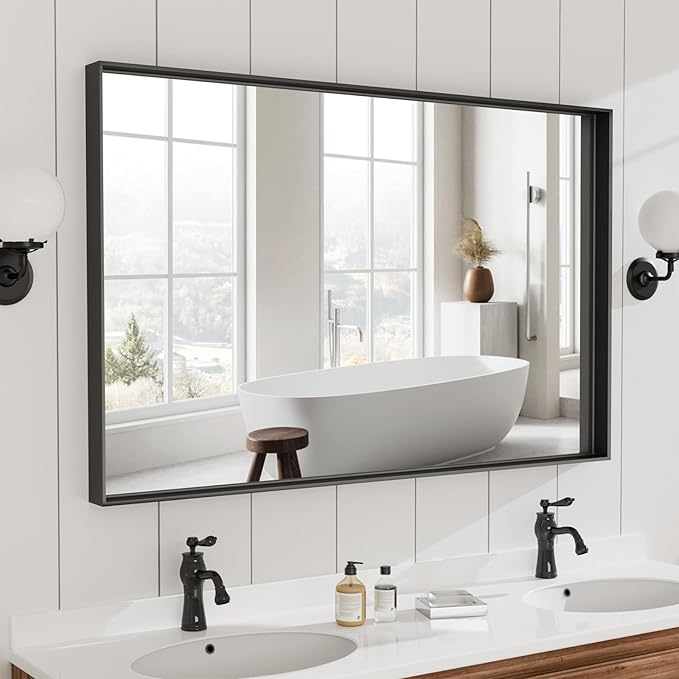 48x32 Inch Black Bathroom Mirrors for Over Sink, Contemporary Wall Mirror, Rectangle Framed Mirrors for Bathroom, Decorative Vanity Mirror for Living Room Entryway Horizontal/Vertical