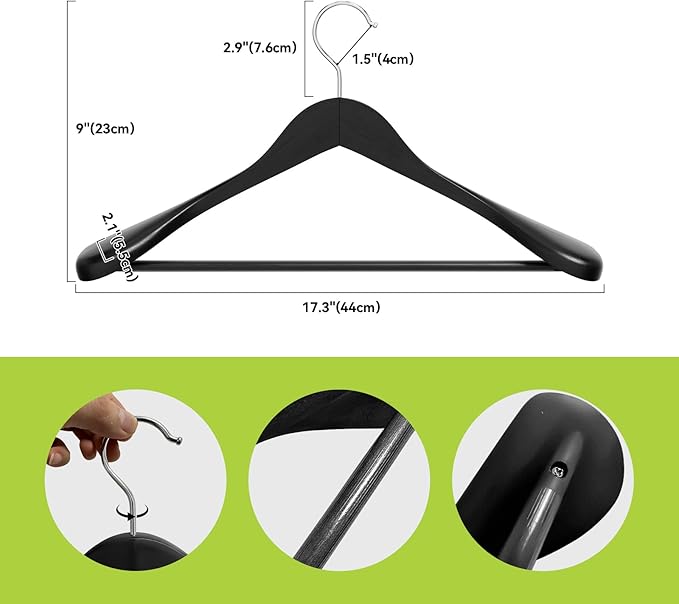 Solid Wood Suit Hangers, 10 Pack, Coat Hangers with Non Slip Trouser Bar, 360° Swivel Hook, Heavy Duty Wide for Suit, Coat, Jacket, Trousers, Pants,17.3" W x 9" H, Black AWY0410B