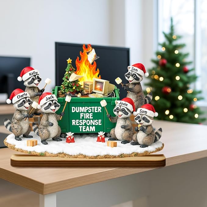 Funny Raccoon Dumpster Fire Response Team Wooden Plaque 2025, Personalized Flaming Dumpster Sign, Custom Name Group Plaque, Matching Holiday Decor for Coworkers