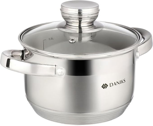 Daniks Standard Stainless Steel Stock Pot with Glass Lid – Induction 2 Quart, Dishwasher Safe, Measuring Scale, For Soup, Pasta, Stew, Silver
