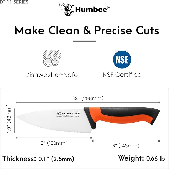 6 Inch Professional Chef Knife with Ergonomic Handle – NSF Certified Stainless Steel Kitchen Knife, Serrated Wave Teeth, Durable and Sharp Blade, DT 11 Series, Orange