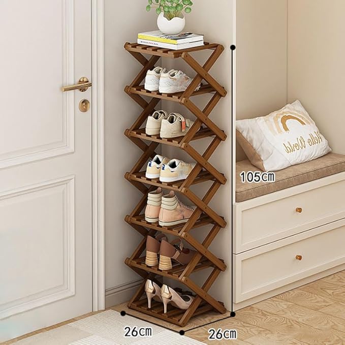 YYW Bamboo Shoe Rack for Entryway,Installation-Free and Foldable Vertical Shoe Storage Organizer,Free Standing Shoe Racks Shelf Closet Shoe Organizer for Living Room (Tawny-7 Layers)
