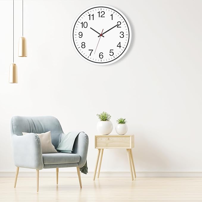 Foxtop White Wall Clock Silent Non-Ticking 12 Inch Quartz Battery Operated Round Analog Wall Clock for Classroom School Office Living Room Bedroom Home