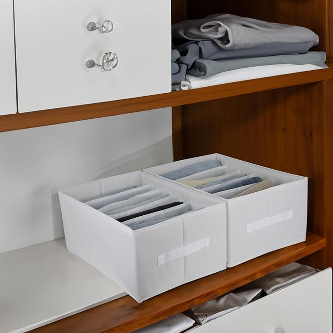 Extra Large Clothes Closet Organizer 6 Compartments for Jean Sweater Sheets to Shirt - Divided Clothing Storage Boxes for Closet, Wordrobe, Bedroom, Shelf (4pc White)