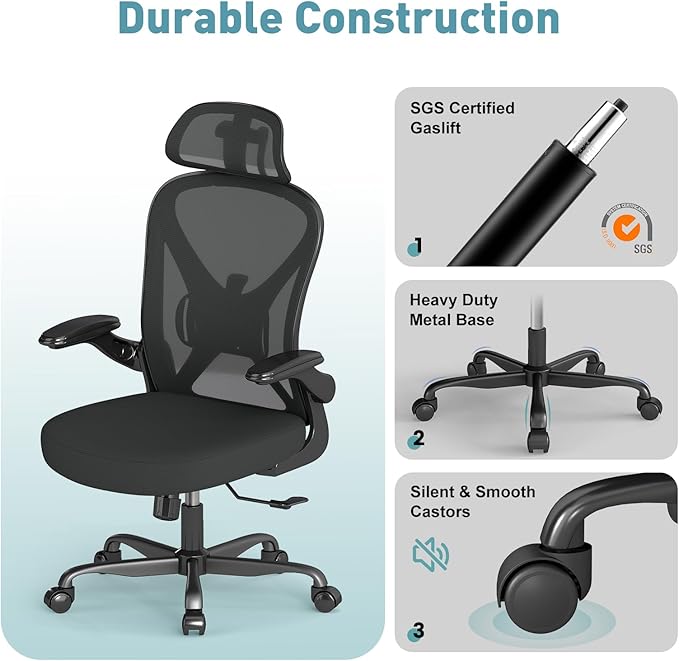ZZH Ergonomic Office Chair with Adjustable Lumbar Support and Headrest, Mesh Home Office Desk Chair with Wheels and Flip-up Arms, Black