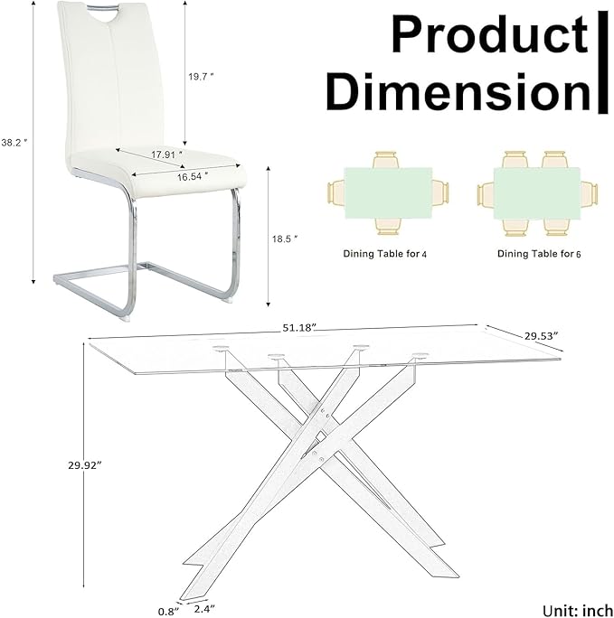 Goujxcy Modern Glass Dining Table Set for 4, Black Glass Kitchen Table and Chairs Set, 5 Piece Dining Room Table Set with 51" Rectangle Dinner Table and 4 White Leather Dining Chairs