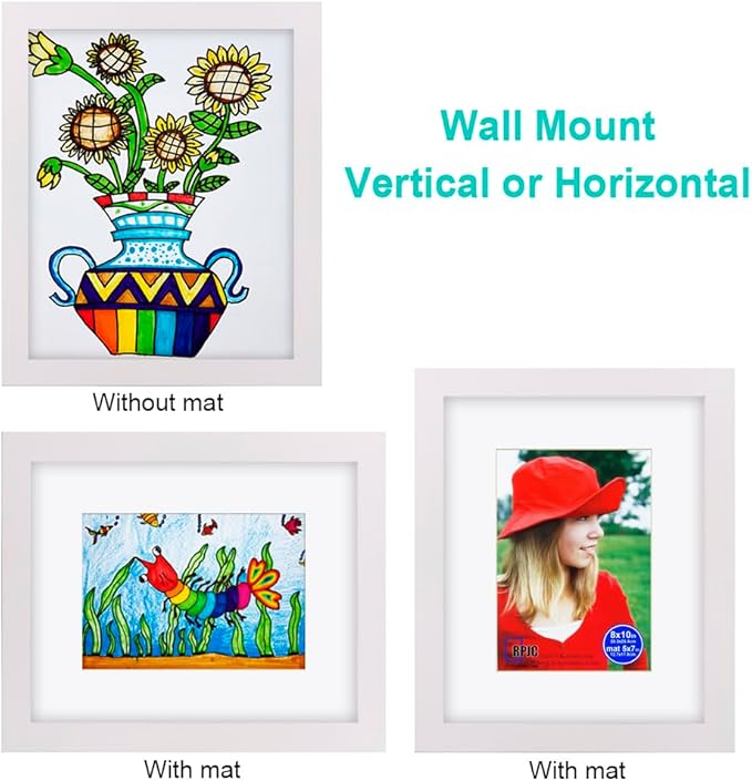 RPJC 8x10 inch Picture Frame Made of Solid Wood and High Definition Glass Display Pictures 5x7 with Mat or 8x10 Without Mat for Wall Mounting Photo Frame White