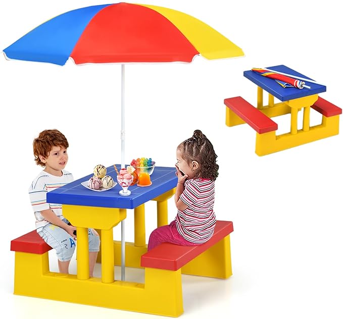 Kids Picnic Table, Toddler Picnic Table with Removable & Foldable Umbrella, Plastic Children Patio Furniture for Garden Backyard, Kids Outdoor Table, Multicolored