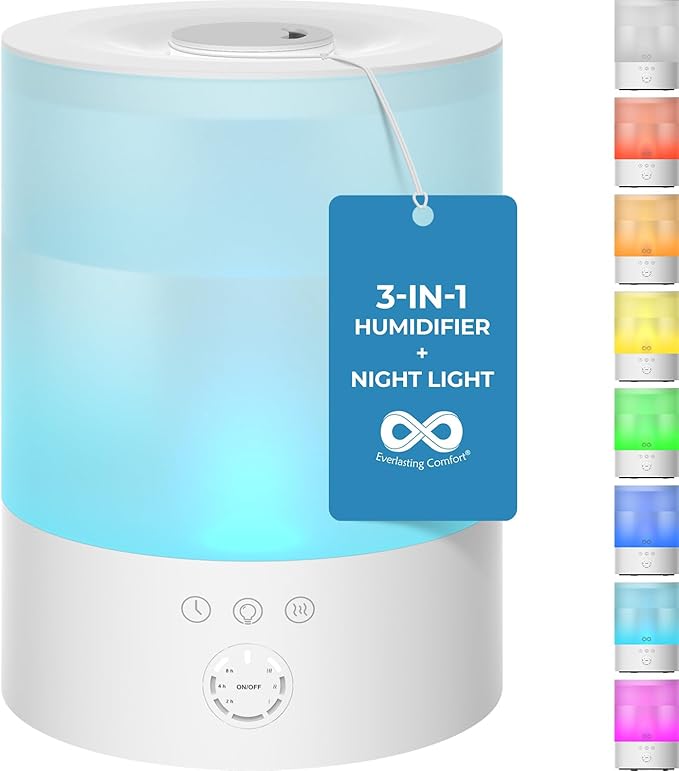 Everlasting Comfort Top Fill Humidifiers for Bedroom, 2.5L - Leakproof, Essential Oil Diffuser, Lights, Timer, Quiet Ultrasonic Cool Mist Humidifier, Easy to Fill & Clean, Auto Shut-Off, Aromatherapy